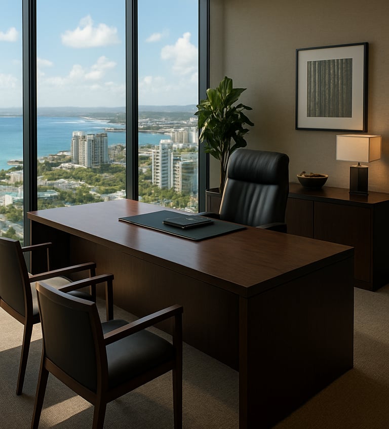 A high-end, professional office interior in Puerto Rico with large windows overlooking a Caribbean coastal city, featuring a dark wood desk and sophisticated decor.