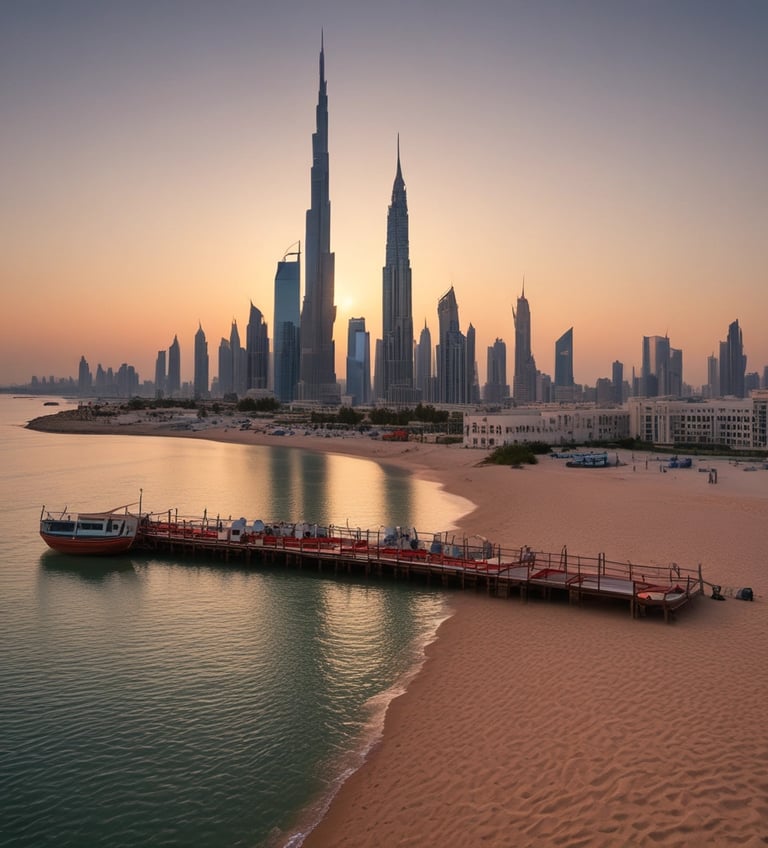 A bustling port in Dubai with cargo ships and containers under a clear sky.