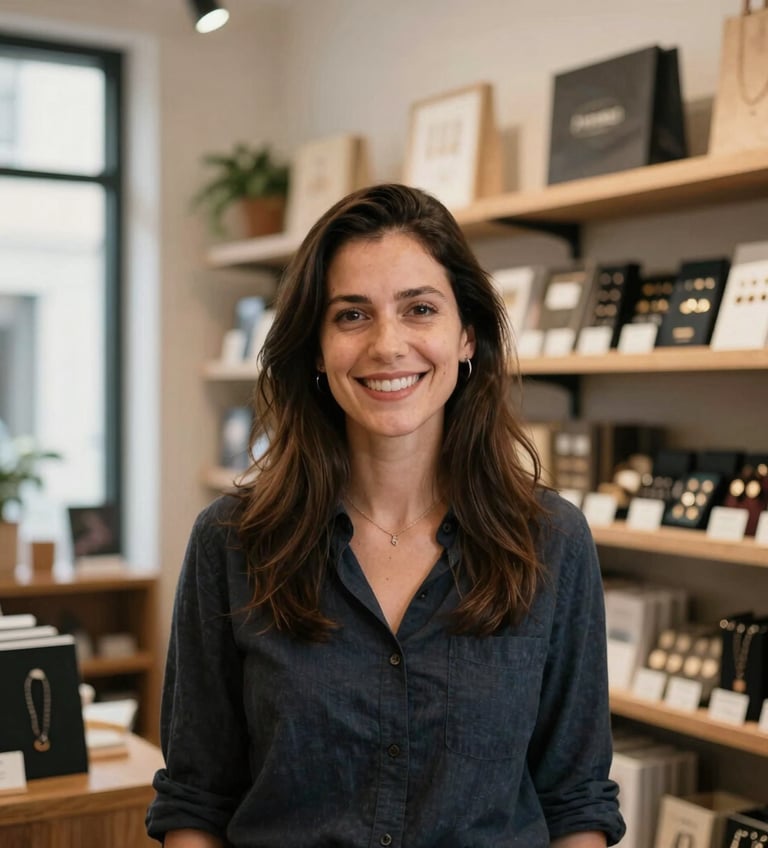 Portrait of a successful entrepreneur, a former mentee, in their thriving digital storefront, warm natural light, rich authentic tones, candid framing, shallow depth of field, 35mm