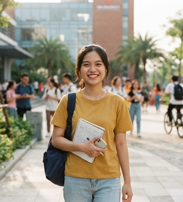 Vietnamese student smiling confidently on a vibrant international university campus, holding a notebook, bright natural daylight, shallow depth of field, warm editorial photography, 35mm