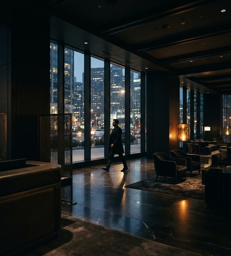 Sleek, dark, high-end hotel lobby at dusk, an executive silhouette walking past a large window, moody ambient lighting, rich amber glow from a distant lamp, cinematic wide-angle.