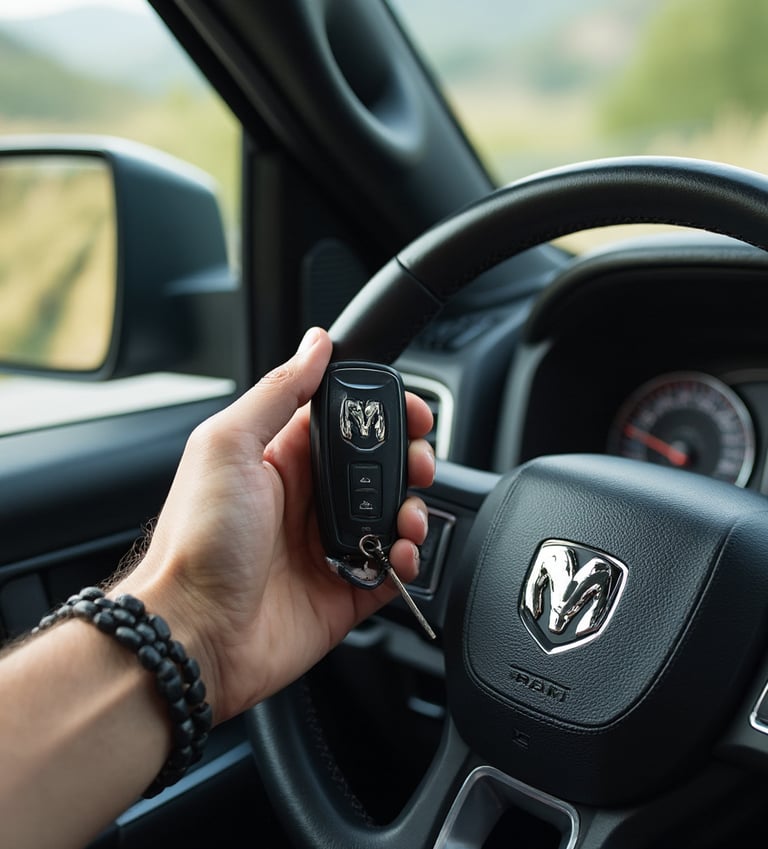 Person holding key fob inside truck
