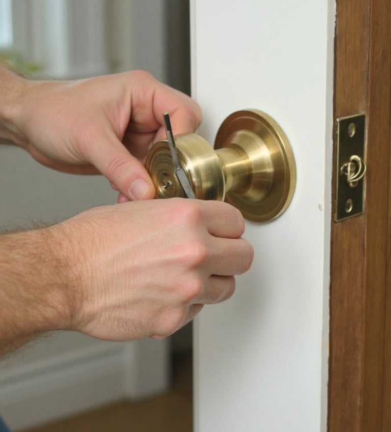 Locksmith installing door lock