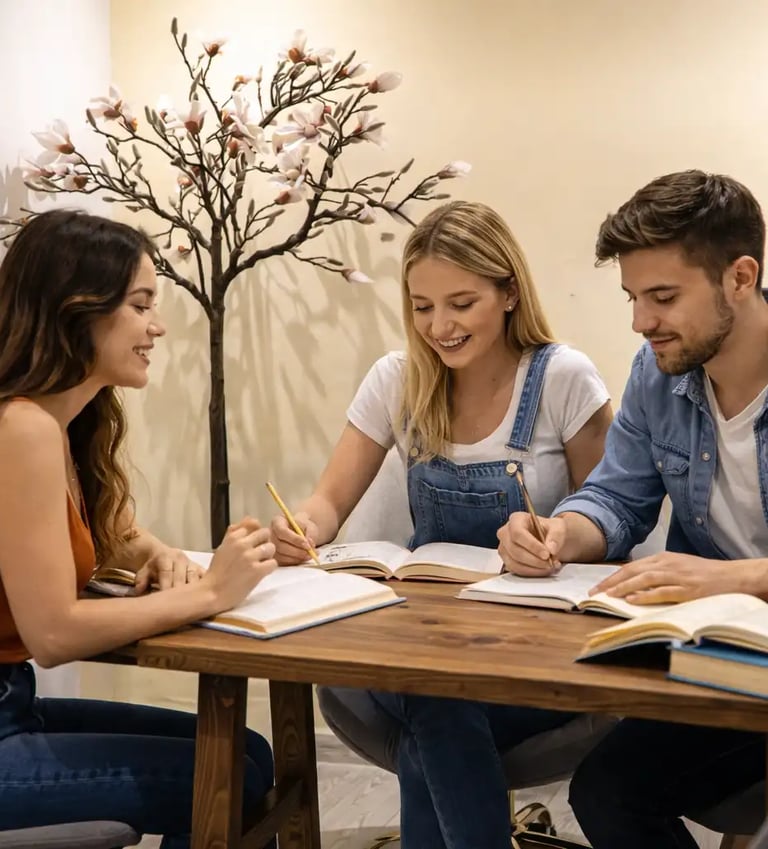 a man and woman sitting at a table with notebooks