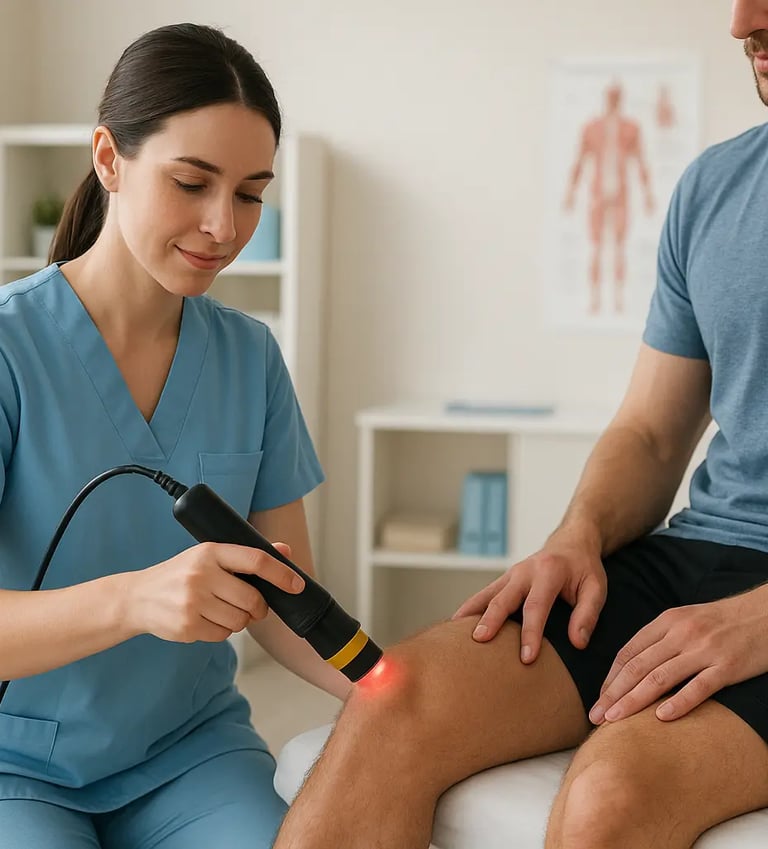 Una fisioterapista esegue una laserterapia sul ginocchio di un paziente!