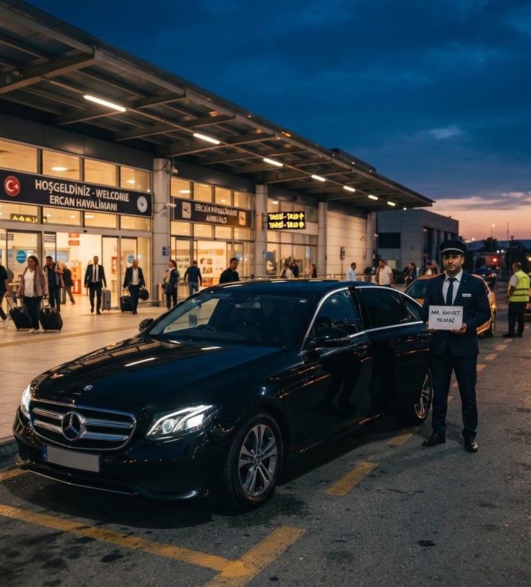 A chauffeur in a suit holding a name sign next to a black Mercedes luxury car at Ercan International Airport.