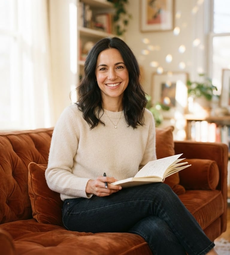 Warm editorial portrait of a dark-haired woman in her early 40s, Daisy Diamond, sitting on a plush velvet couch in a bright, sunlit room, holding an open journal. She is smiling genuinely, with subtle diamond-prism light reflections in the background. She is wearing casual, elegant attire.