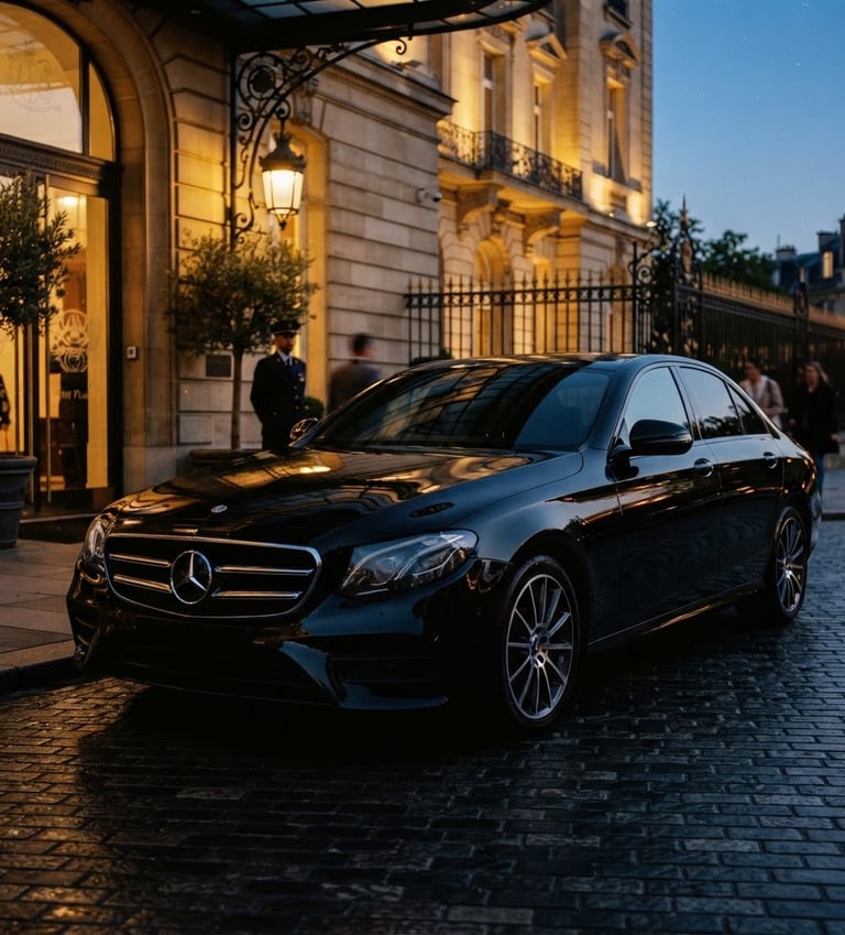Gleaming black Mercedes E-Class sedan parked elegantly in front of a luxury hotel at dusk, golden hour reflections on its body, dramatic low-key lighting, sharp editorial style, 35mm