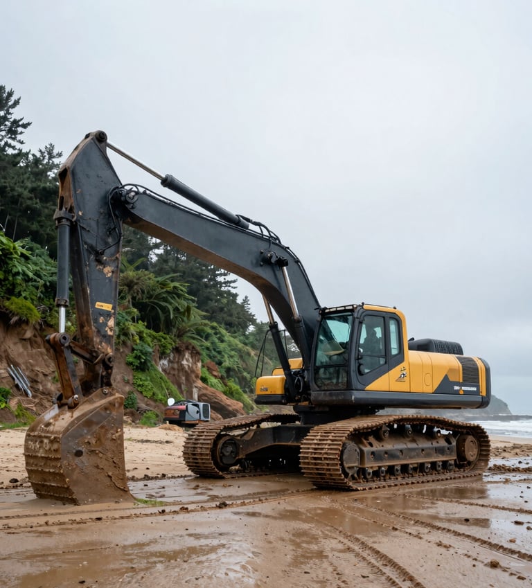 Low-angle heroic shot of a heavy tracked excavator on a coastal bluff, overcast moody daylight, damp surfaces, the machine's tracks are visible in wet sand, wide-angle lens, 35mm.