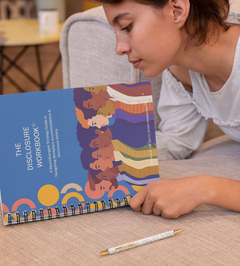 A woman reads The Disclosure Workbook, a neurodivergent strategy guide for workplace accommodations.