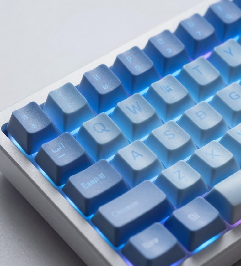 Close-up macro shot of a high-end mechanical keyboard with custom keycaps under cool blue studio LED backlighting, sharp details, minimalist composition