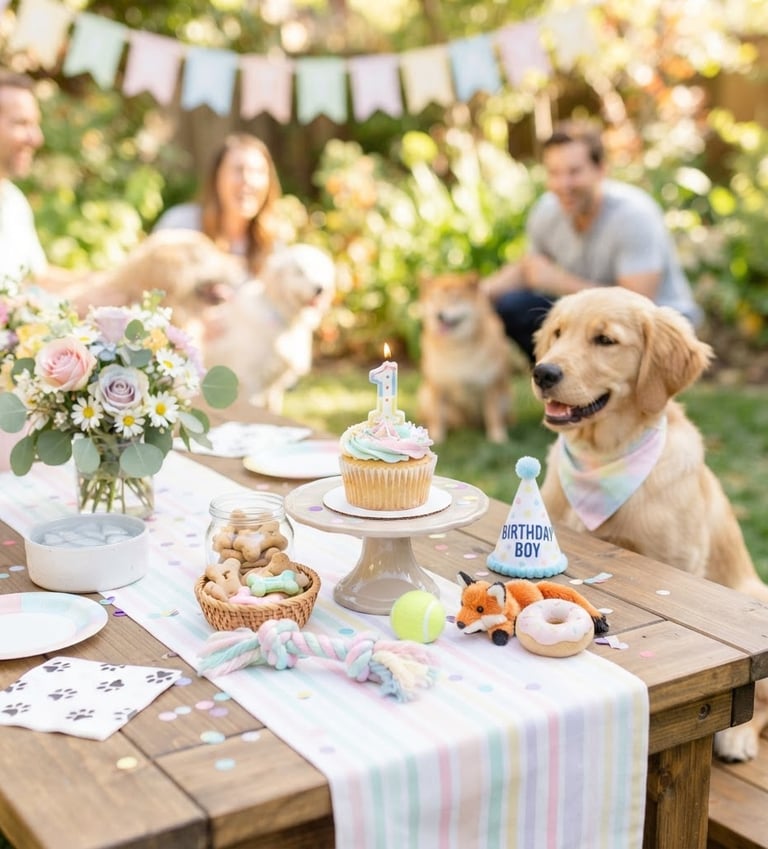 Brightly lit puppy birthday party tablescape, pastel color palette, bone-shaped cookies, small dog toys, high-key natural light, clean composition