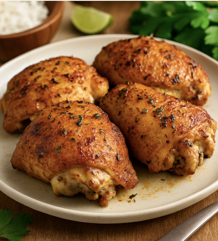 “Golden crispy air fryer chicken thighs with herbs served on a plate.”