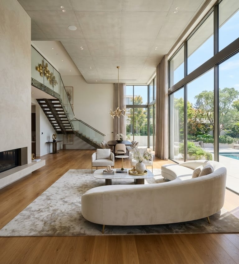 Wide architectural shot of a luxurious, modern residential interior, bright natural daylight streaming through large windows, soft gold accents, sharp focus, 35mm tilt-shift lens, no people.