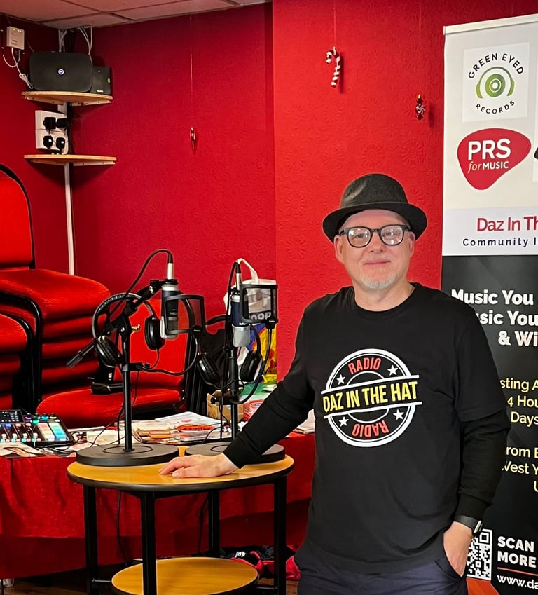 darrel hull (daz) in black shirt and a microphone daz in the hat