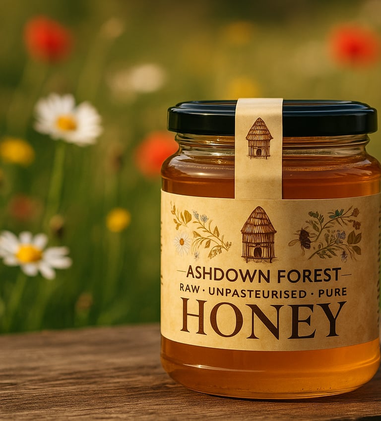 A jar of summer harvest honey with a background of flowers