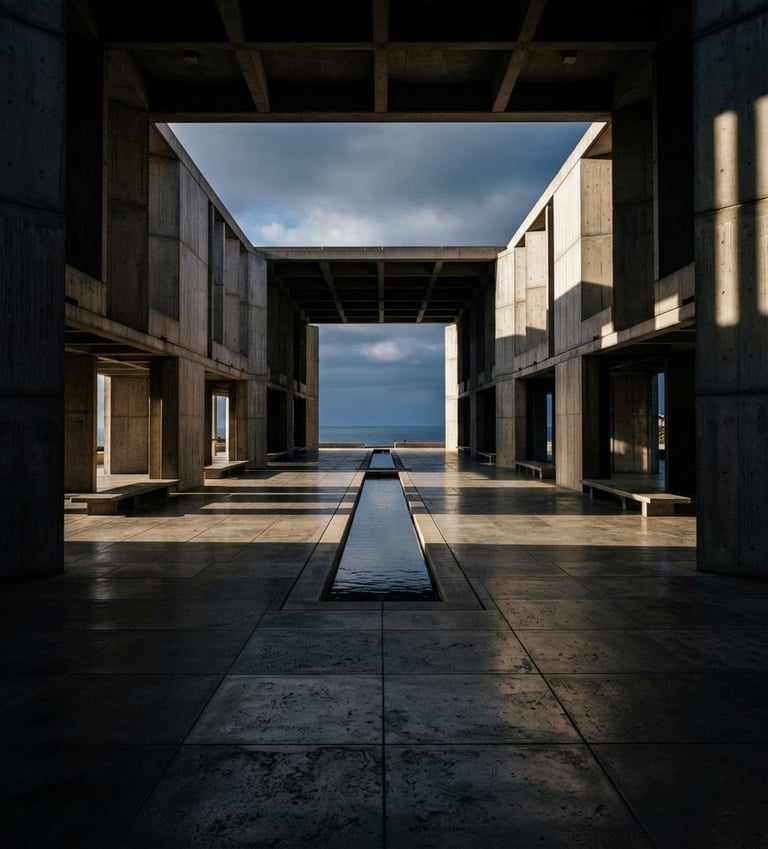 Wide cinematic architectural photography, dramatic high-contrast light and shadow, obsidian and concrete tones, ultra-wide angle, empty grand hall, low angle, 35mm film