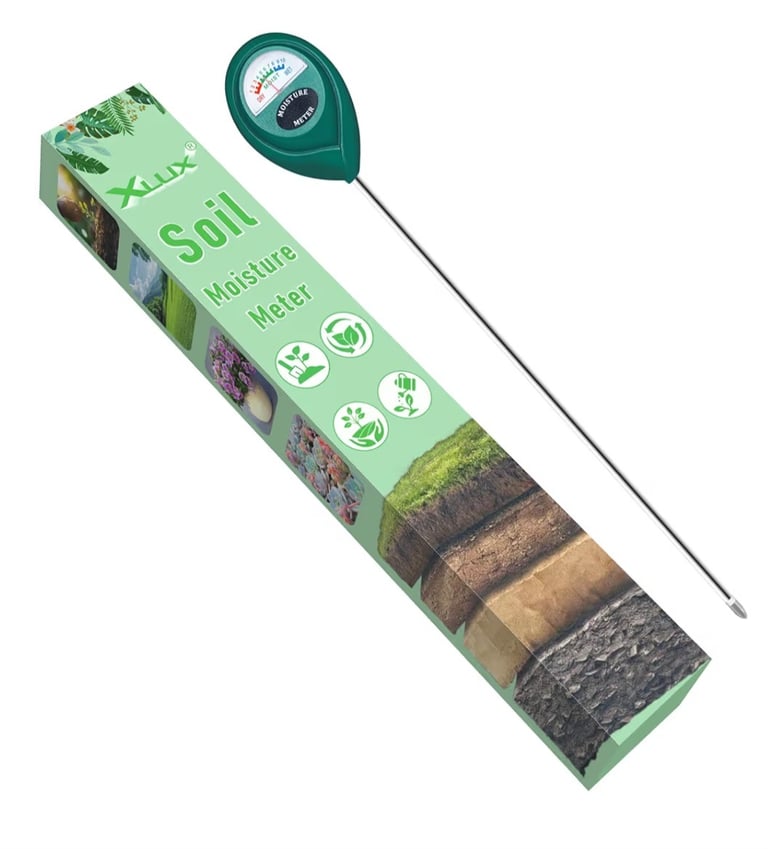 soil moisture meter in houseplant pot — stop fungus gnats by avoiding overwatering