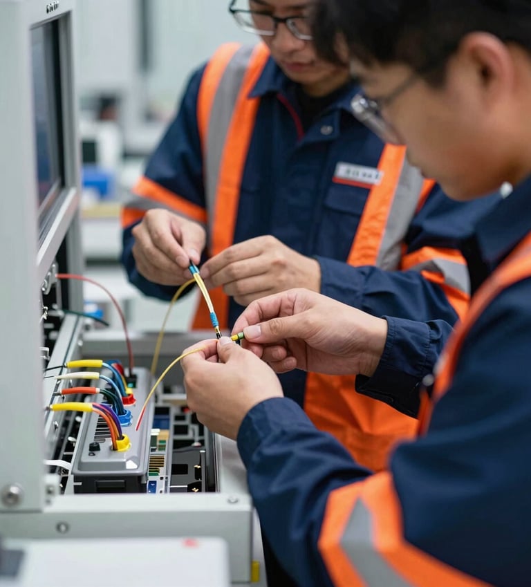 Technicians in high-visibility gear working on fiber terminations in a cleanroom environment, cool-toned indoor technical lighting, close-up of hands, 35mm