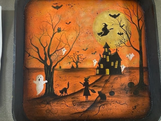 Witches cats ghosts haunted hours bats owl stencil and acrylic art