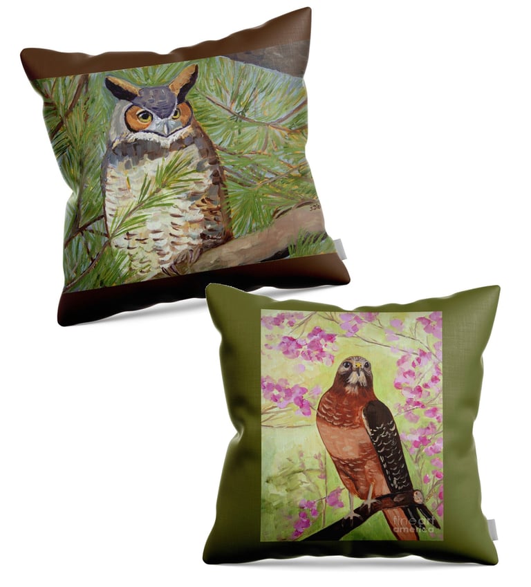 Throw pillows featuring original bird art by Julie Diehl — available through Fine Art America
