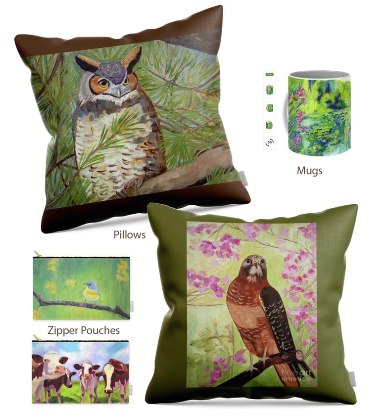 Julie Diehl Art shop products - owl and hawk paintings on throw pillows, zipper pouches, and mugs on Fine Art America
