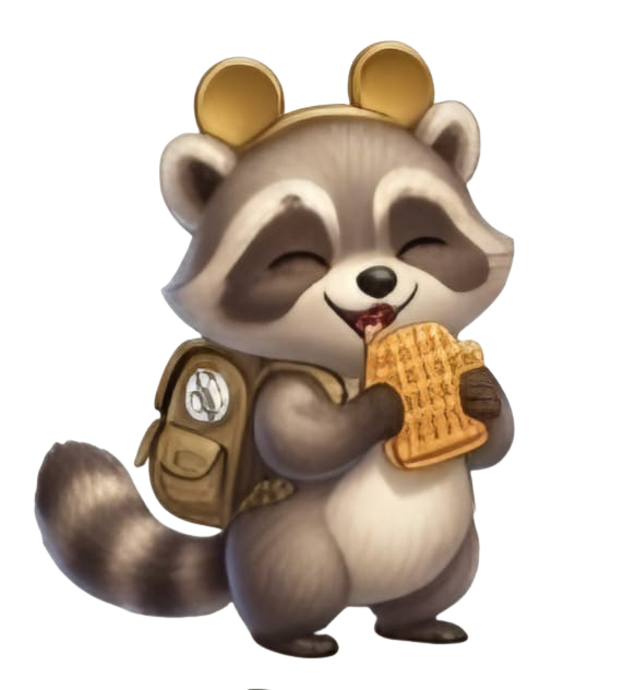 Cute cartoon raccoon with a backpack eating a golden waffle cookie.