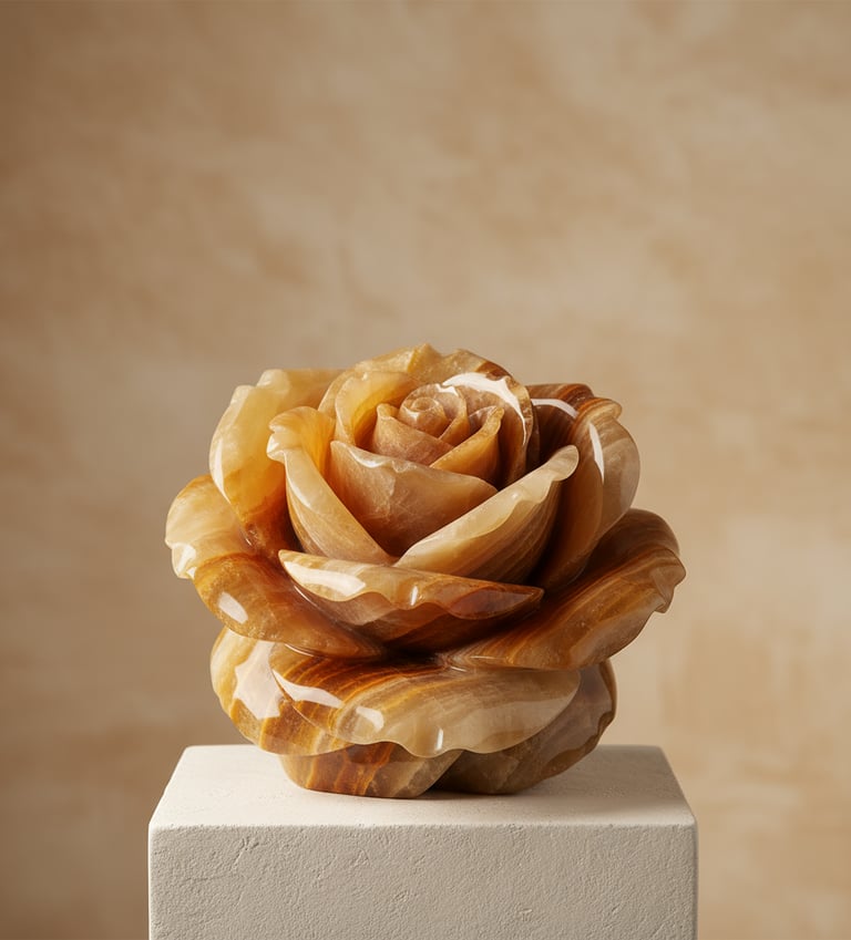 Golden onyx rose sculpture with layered petals, glowing with natural warmth and soft luminosity.