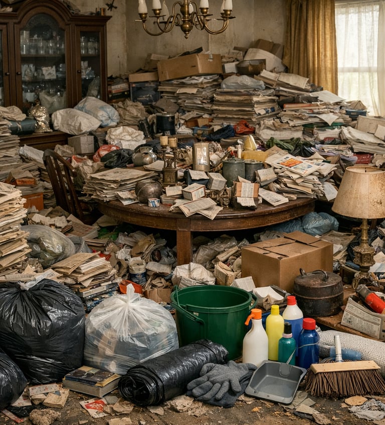 A dining room full of newspapers and clutter