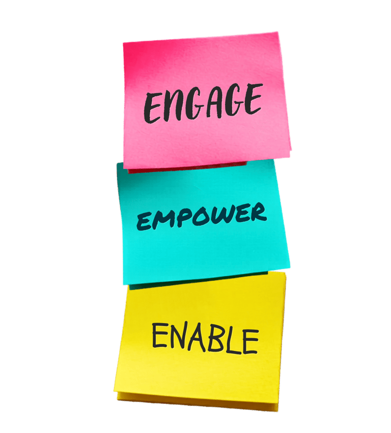 Colourful Post-it notes with words ENGAGE, EMPOWER and ENABLE written in black pen