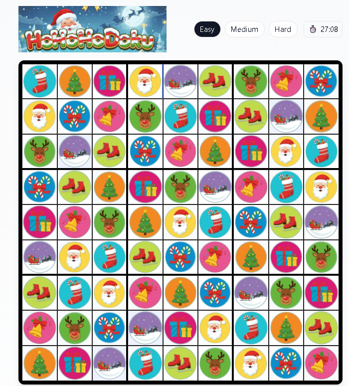 A grid of Winter holiday image from my game, Hohohodoku.