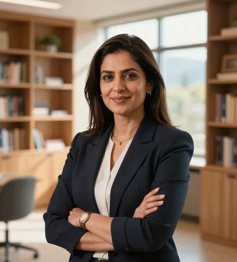 A warm, professional portrait of Deep Kaur, Director, in a bright, modern learning environment in British Columbia, surrounded by warm wood details and bookshelves, with soft morning window light.