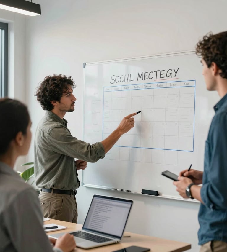 A professional creative team in a bright Florida marketing studio discussing a social media strategy calendar on a white board with laptops nearby. Warm down-to-earth agency mood with light blue and grey tones. Real-world photography in North American US Florida.
