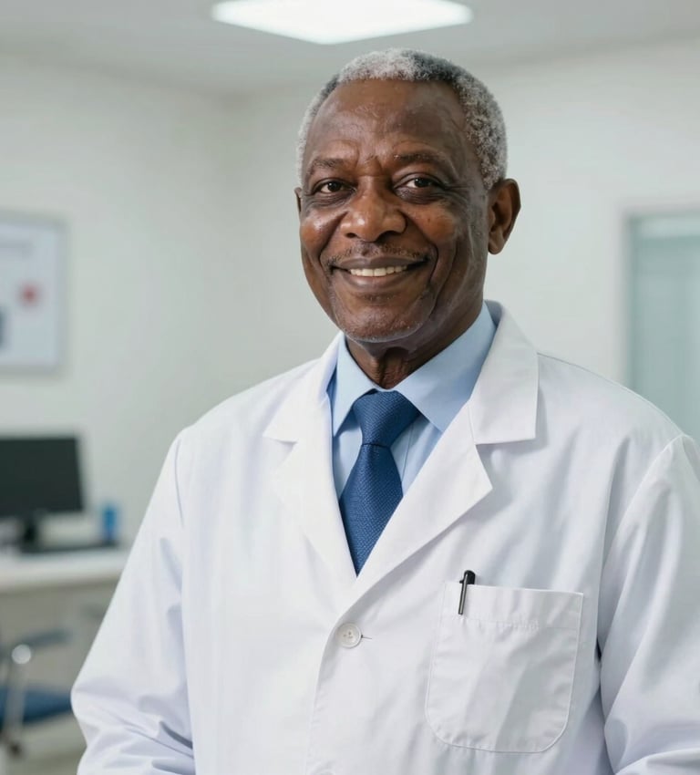 A professional portrait of a senior West African / Nigerian medical director at Mater Dei Specialist Hospital, wearing a clean white lab coat over a professional blue tie, smiling warmly with reassurance. Bright, high-end clinical office background in Enugu, soft clinical lighting, confident and trustworthy.