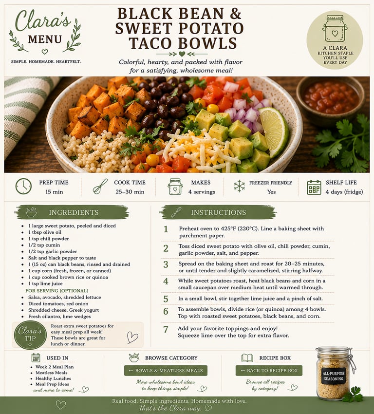 Recipe infographic for black bean and sweet potato taco bowls with ingredients, instructions, and meal prep tips.