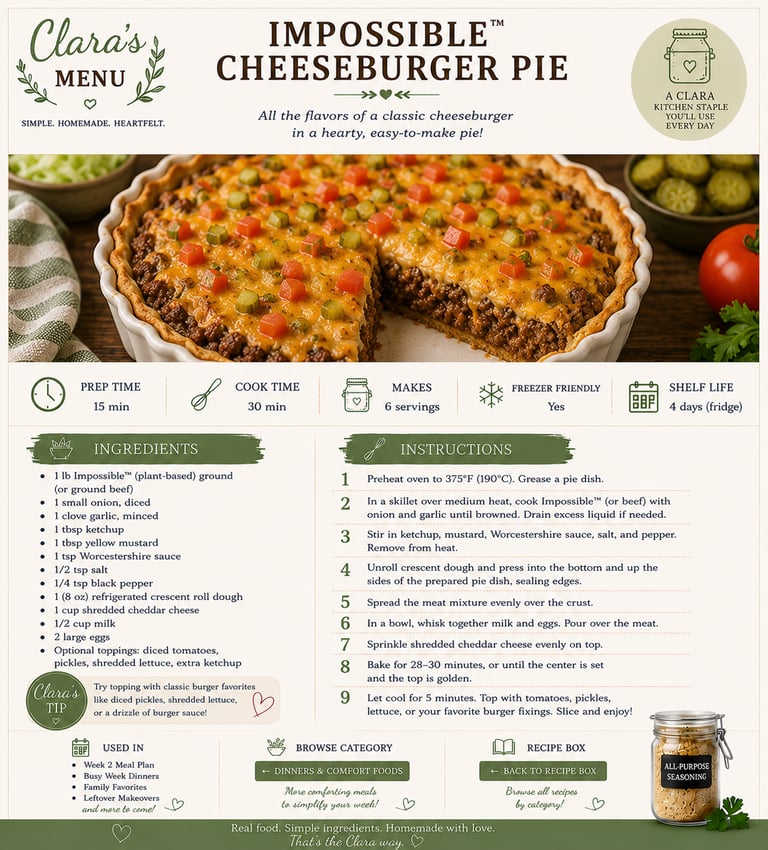 Impossible Cheeseburger Pie recipe card with ingredients list and a photo of a baked ground meat pie topped with cheddar