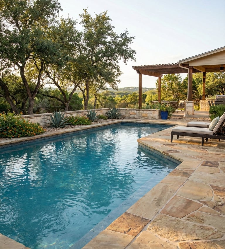 Backyard pool with clean water and stone coping.