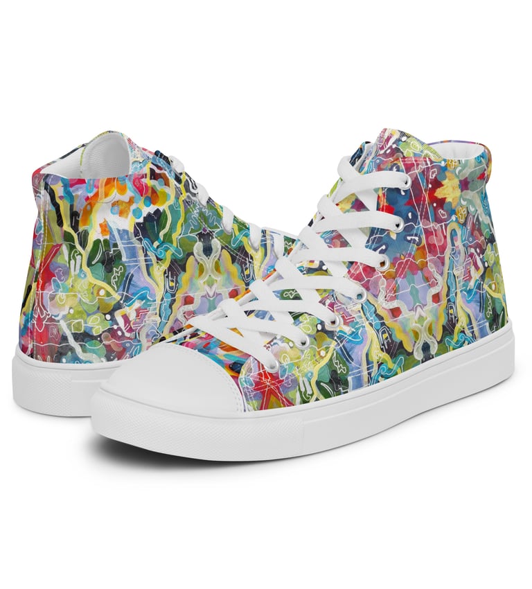 a pair of colorful shoes with a floral pattern