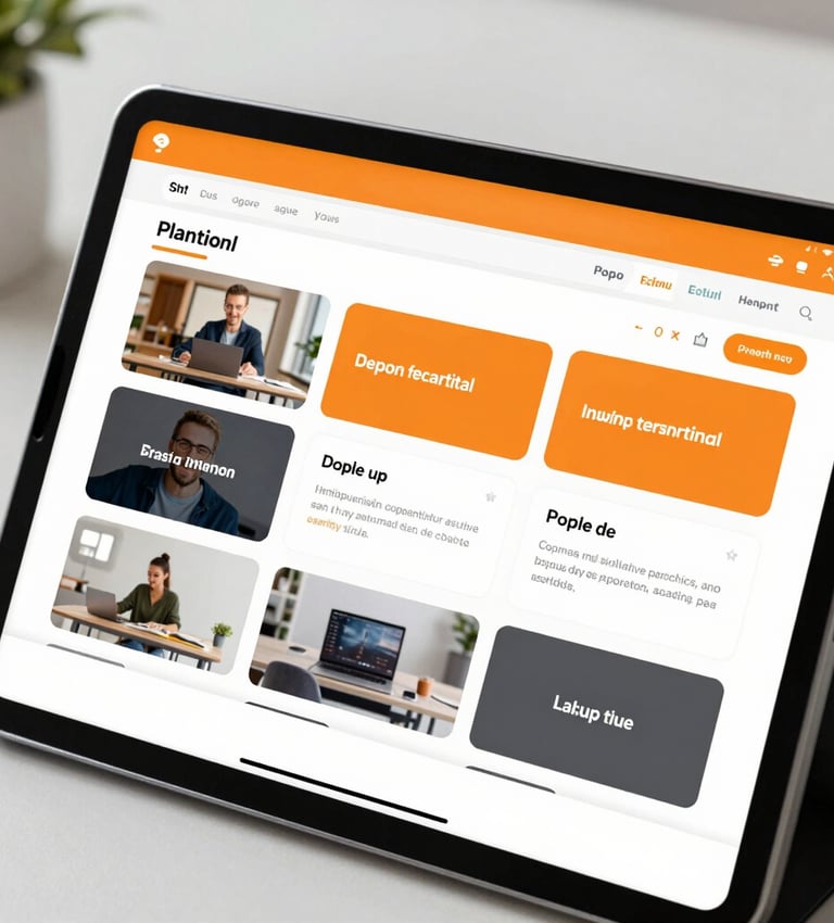 A close-up of high-quality digital learning software displayed on a modern tablet in a brightly lit North American / US corporate setting. Crisp focus on interactive custom modules, clean white and energetic orange interface design elements.