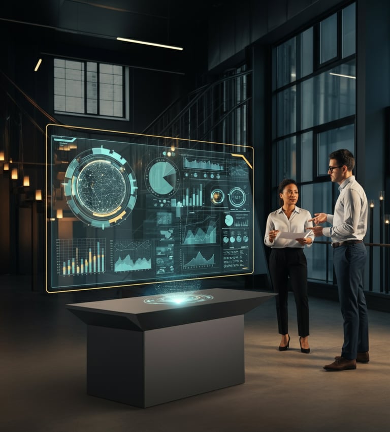 Verve Phoenix team discussing IT roadmaps with holographic displays in a modern office.