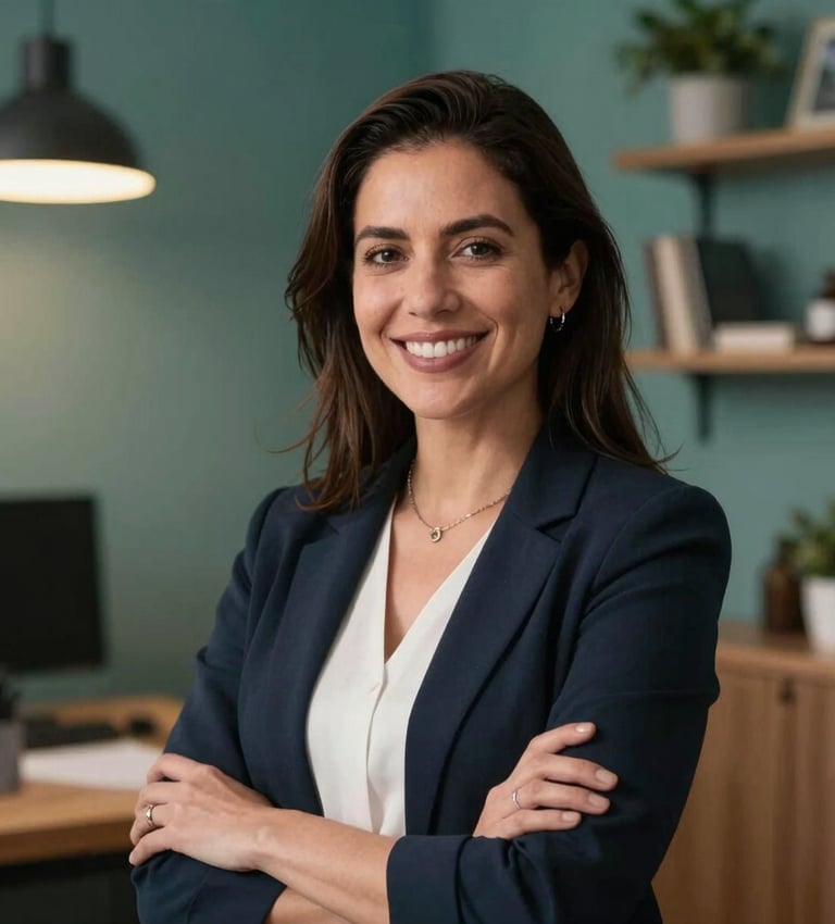 Professional studio portrait of a friendly and smiling Chilean female psychologist, looking at the camera. Dynamic setup with warm lighting and a modern workspace backdrop featuring teal and green tones.