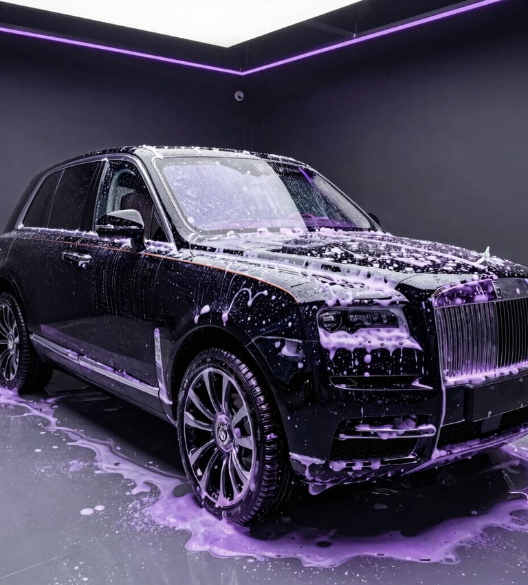 A luxury Rolls-Royce Cullinan covered in purple snow foam during a professional car detailing service.