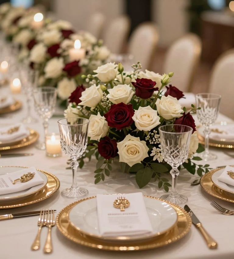 A premium wedding reception table setup in the Middle Eastern / Gulf region, decorated with fresh burgundy and cream white roses, gold-trimmed plates, crystal glassware, sparkling candlelight, prestigious and romantic atmosphere, soft warm focus, close-up shot.