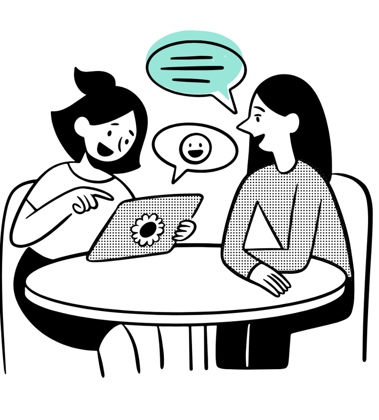 An illustration of two females discussing a project.