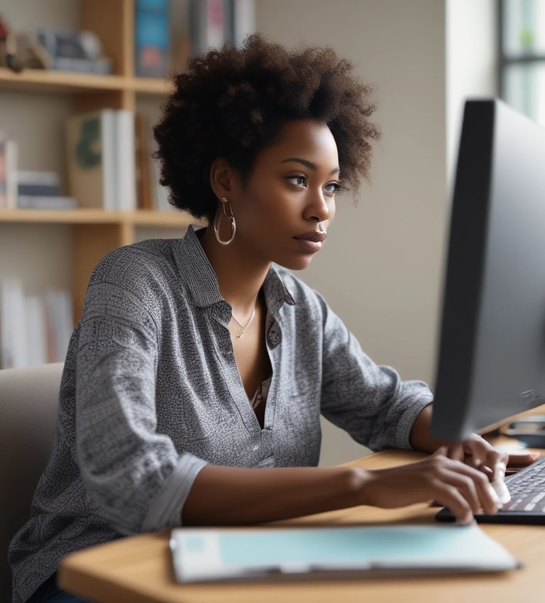 a woman sitting at a desk with a computer