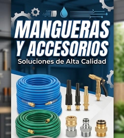 Mangueras de alta calidad y accesorios de riego profesionales con boquillas y conectores metálicos.