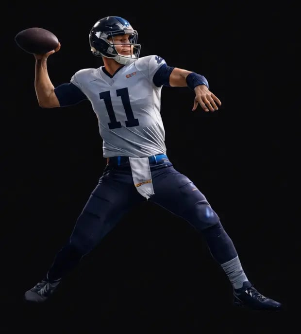 Professional American football quarterback wearing jersey number 11 throwing a pass against a black background.