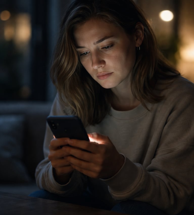 A young woman using a smartphone in a dark room with the screen light illuminating her face.