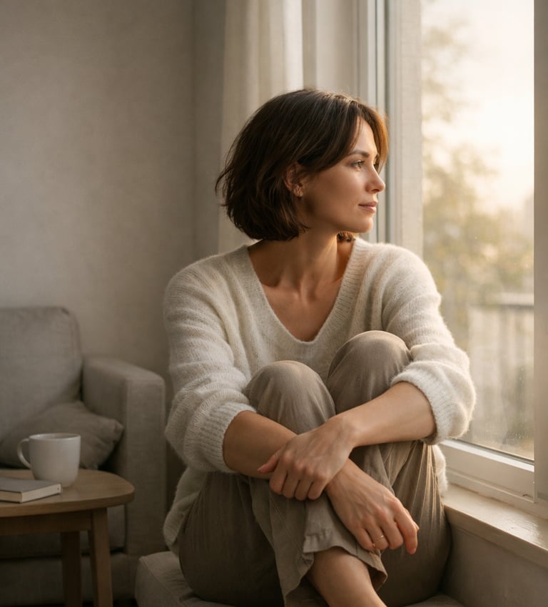 A woman in a cozy white sweater sitting by a window at sunset, looking out thoughtfully.