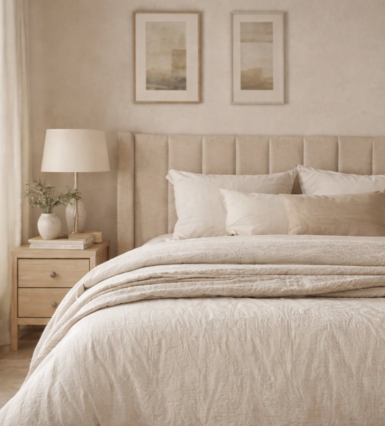 Cozy neutral bedroom with layered bedding and warm lighting